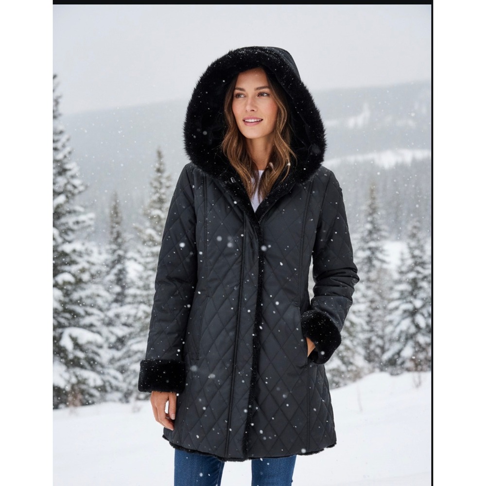 Dennis Basso Quilted‎ Faux Fur Trim Hooded Jacket Women's Black Warm Winter Coat